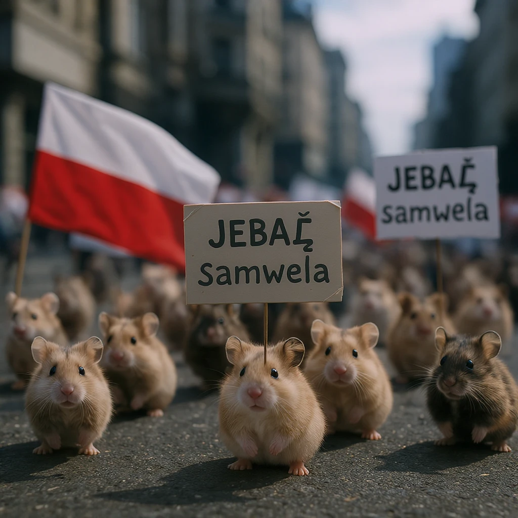 Cinematic shot of a group of hamsters takes over polish sejm. some of them has signs with "jebać samuela skurwysyna". emoji
