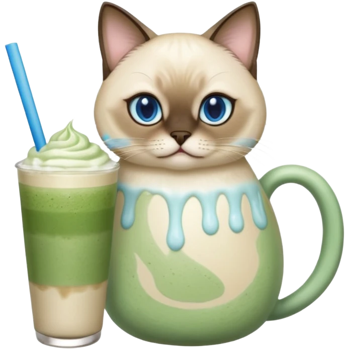 Siamese Cat holding in its paws an iced matcha latte emoji