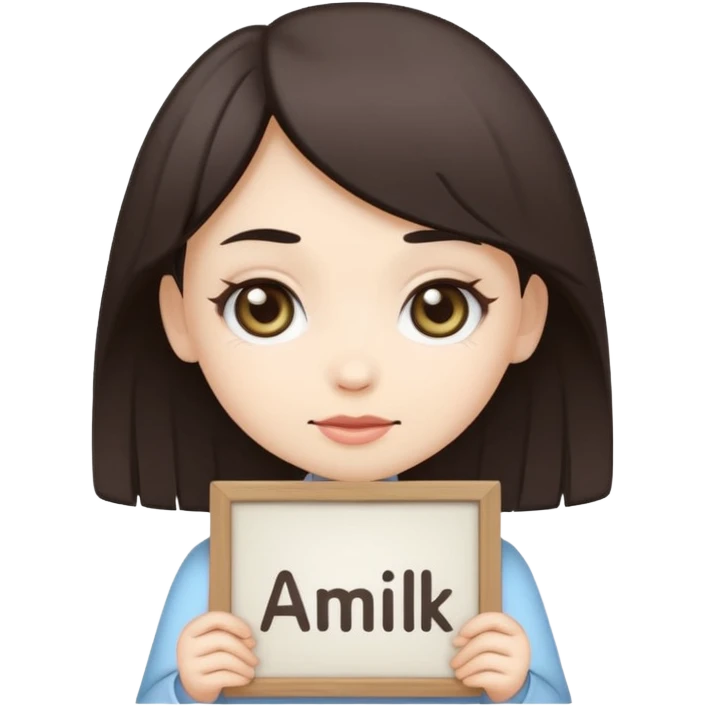 Chibi cult girl emoji, flat vector style, bold outline, holding a sign that says “AMILK” in clear capital letters, centered, simple background emoji