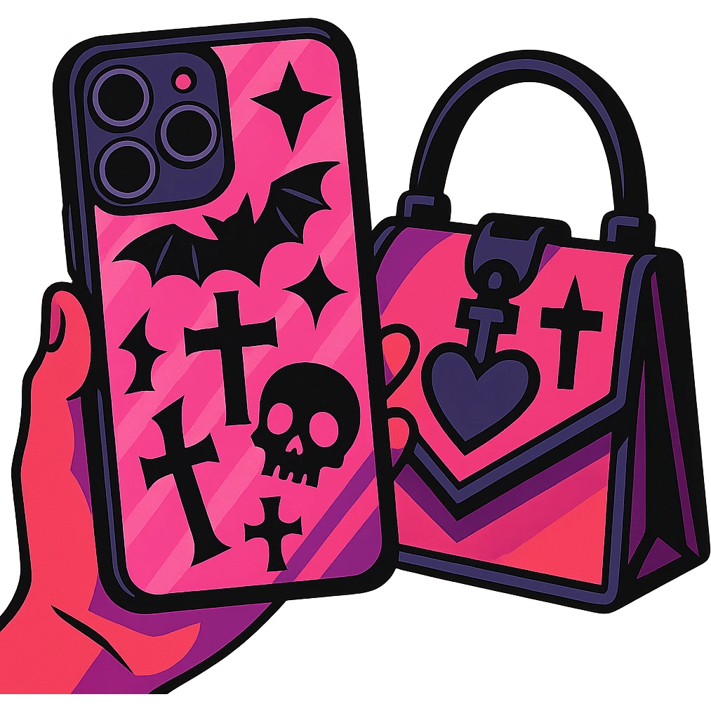 pink and black gothic phone case, bold colors, dynamic shading, energetic, gothic motifs, matches gothic purse emoji