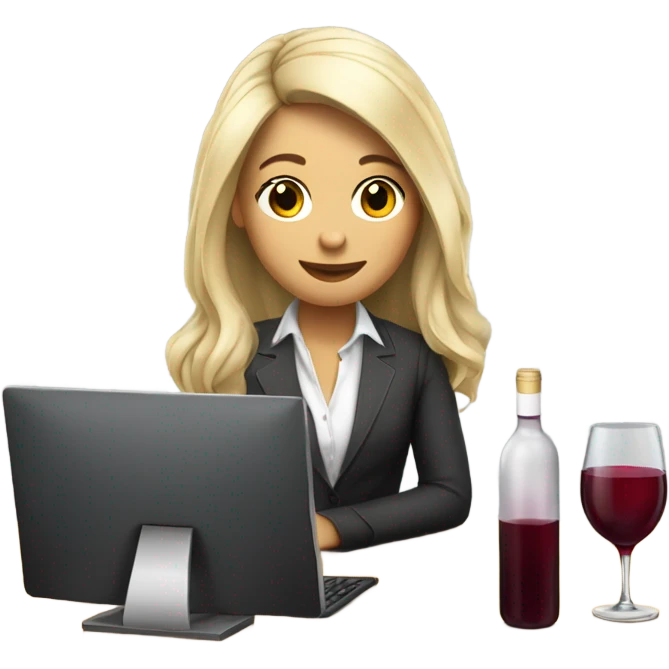 Cute office working brunette with blonde highlights drinking wine while at computer long hair fair skin emoji