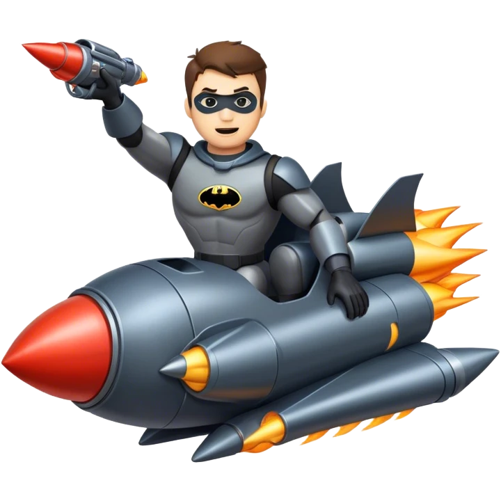 man riding a rocket batmobile boom!  emoji