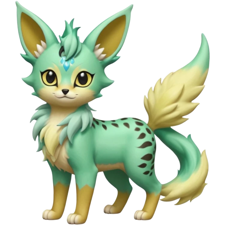 Epic complex detailed pastel minty green, pastel beige yellow pastel realistic aesthetic-scenic-Fakémon-Zorua-Litten-Leafeon-Trico-Sergal-Serval-Vernid-creature (full body) with far wings, shiny sparkly fairycore theme  emoji