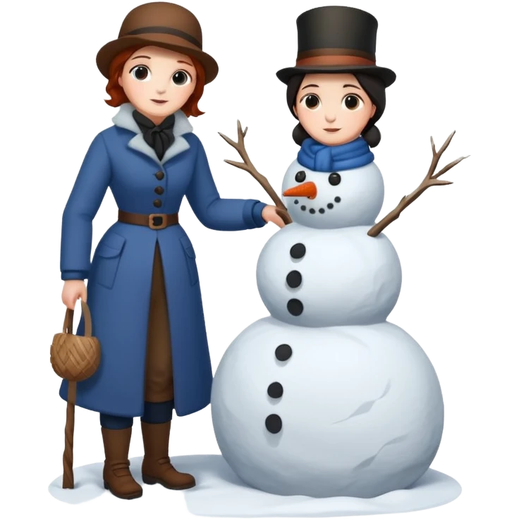  young Virginia Poe and  eldely Maria Clemm  full body building a snowman  1800's emoji