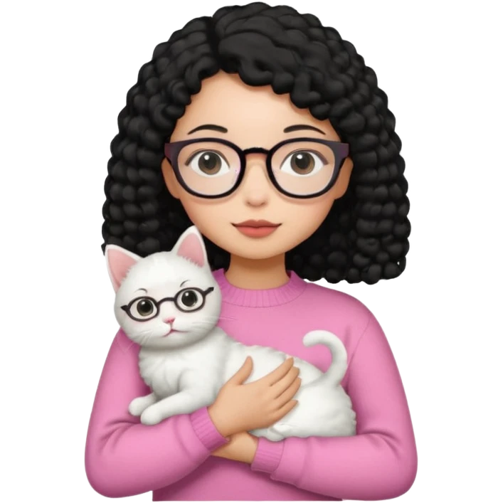 a girl with a black perm hair, wearing a pink sweater and glasses, holding a cute white cat, only upper body emoji