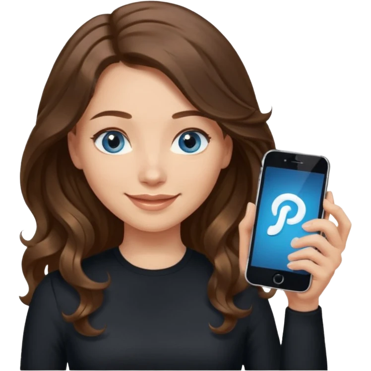 generate a pretty woman with blue eyes, light skin and long and really wavy shiny medium brown hair holding a phone while looking down at the screen. she is wearing an ALL black long sleeve. she is smiling emoji