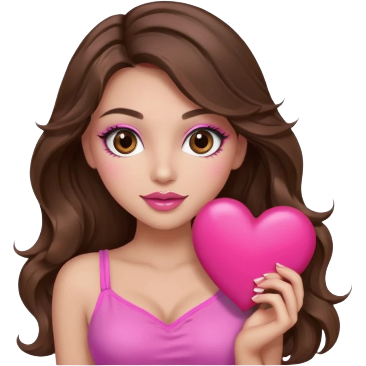 girl with long wavy brown hair, brown eyes, long lashes makeup, sexy pink lips, light to medium complexion, wearing a pink sexy top, holding a big heart emoji