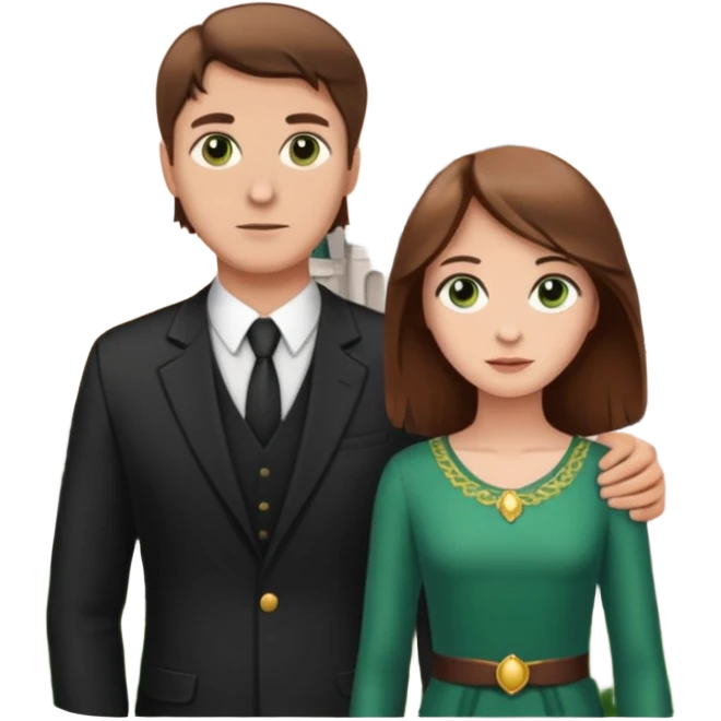 A handsome white man with brown hair and brown eyes standing in front of an empire with a beautiful white girl with brown hair and green eyes  emoji