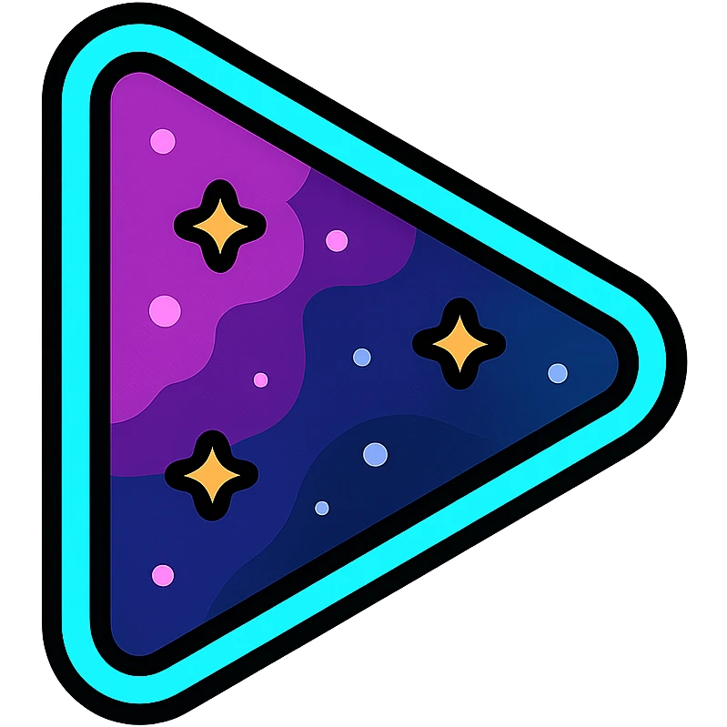 play icon, right-pointing triangle filled with purple and dark blue nebula, small bright stars, neon cyan or pink glowing border emoji