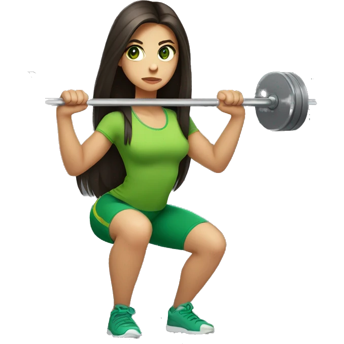 girl with long dark brown hair and green eyes squatting with a barbell emoji