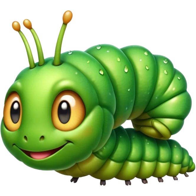 Cinematic Realistic Cute Caterpillar Portrait Emoji, Head tilted playfully and inquisitively, featuring a compact, segmented body in bright, vibrant green with delicate, inviting textures and a charming, rounded face with sparkling eyes full of curiosity, rendered with lifelike detail and natural highlights, high shine, affectionate and spirited, styled with a touch of garden whimsy, soft glowing outline, capturing the essence of a mischievous yet lovable caterpillar that seems poised to crawl cheerfully into your arms! emoji