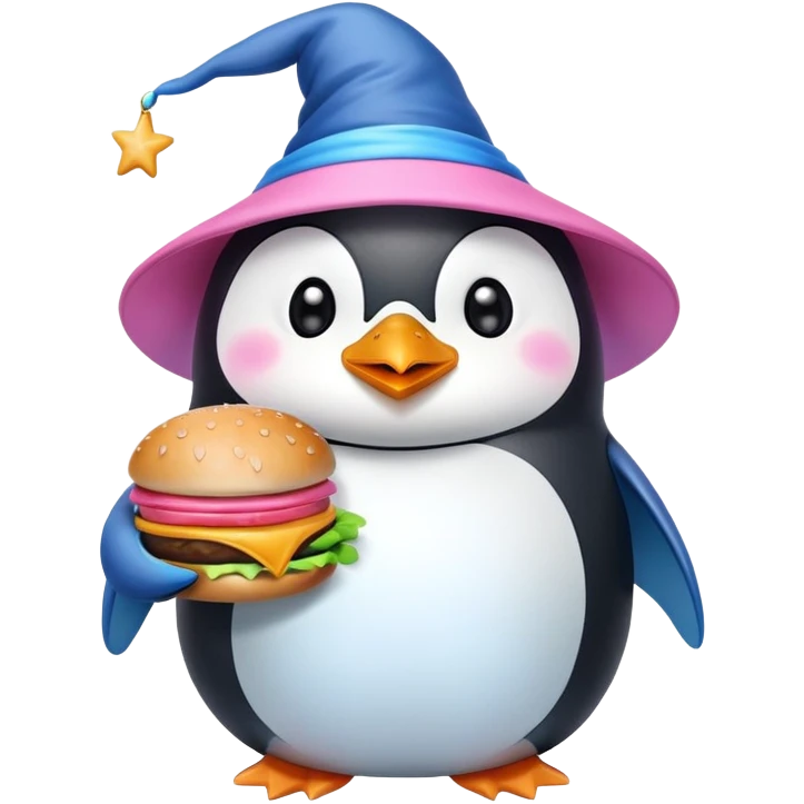 wizard penguin is blue and pink eats hamburgers emoji