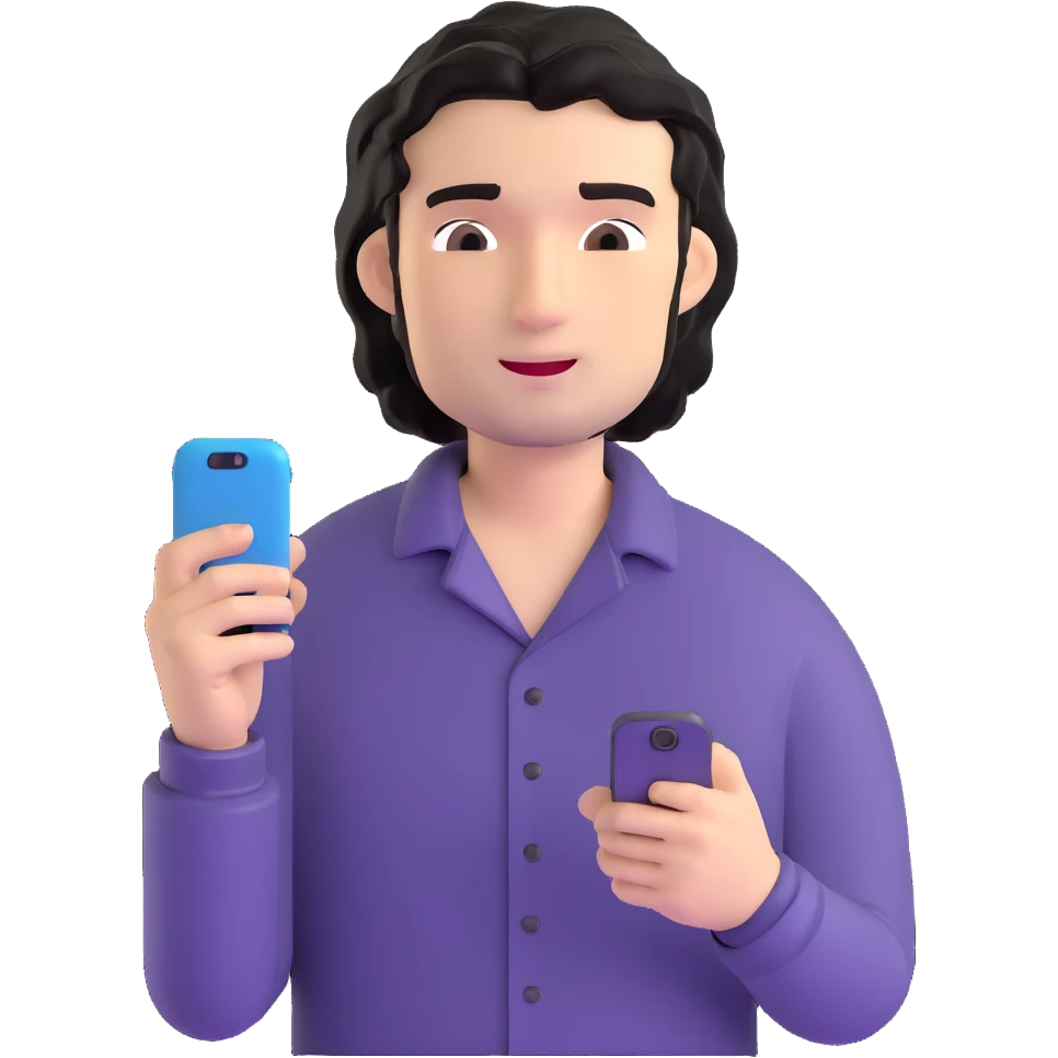 Business professional with black wavy hair, stubble, chiseled face, in casual attire with open collar shirt, relaxed pose with smartphone, warm approachable expression, modern and relatable for social media profile emoji