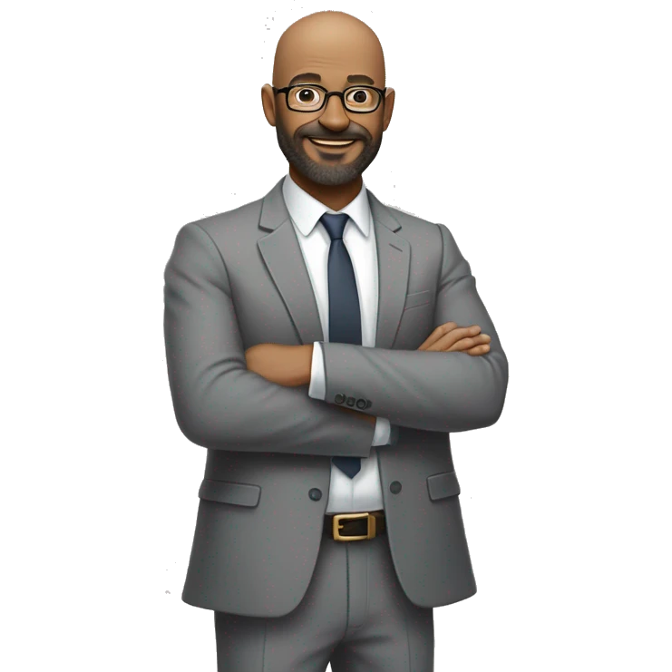 A middle-aged man with glasses, beard, and bald head, wearing a gray suit jacket and white shirt, standing confidently with hands clasped, smiling against a plain, neutral background emoji
