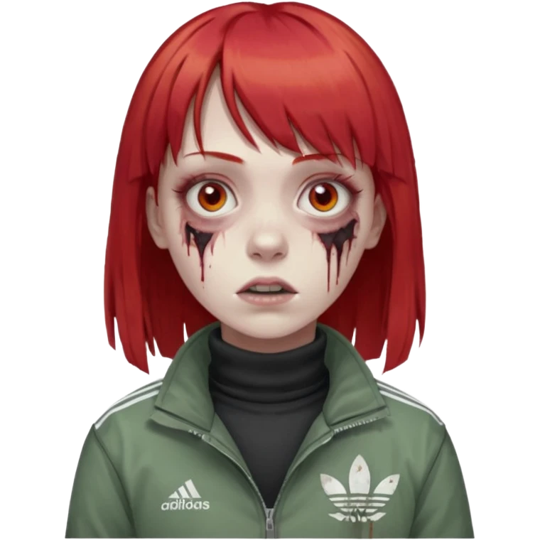 Crie um emoji de uma menina com o cabelo vermelho com uma franja reta zumbi casaco de gola alta da adidas emoji