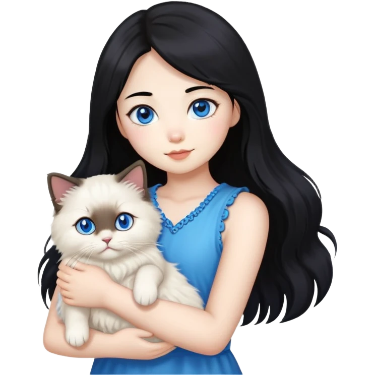Asian girl with black hair holding a fluffy ragdoll cat with blue eyes and colorpoint fur emoji