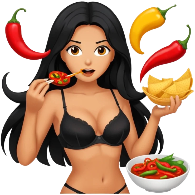 cooking, black long hair tanned woman, black bra and panties, spicy food emoji