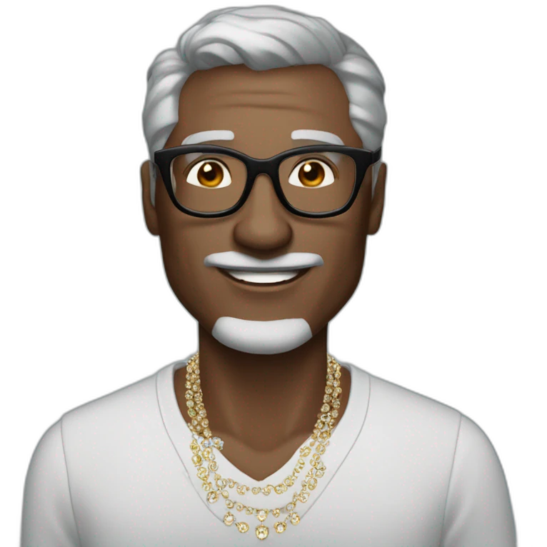 man with gray hair and dark dolce gabanna glasses with a diamond necklace that says jd emoji