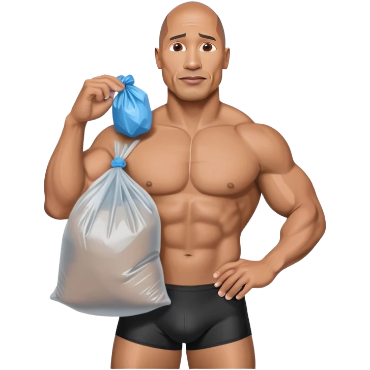 Dwayne the rock Johnson in speedo holding trash bags emoji