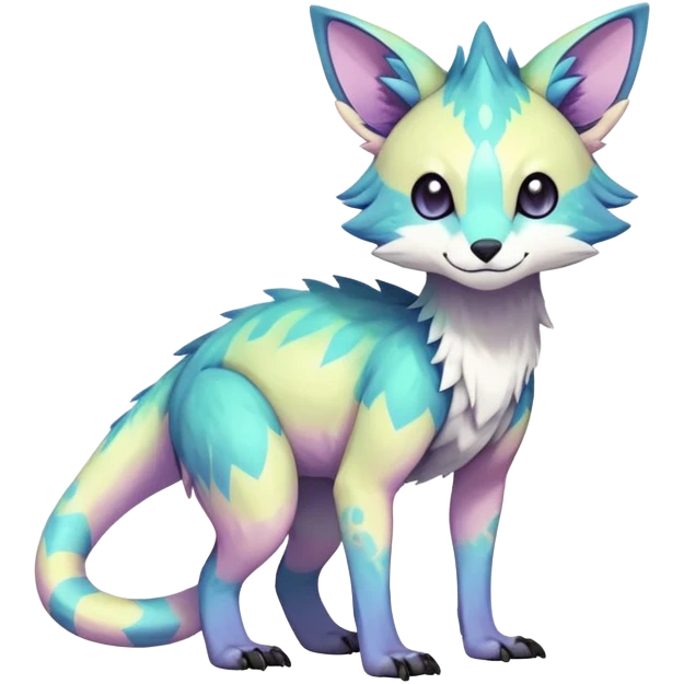 Rare realistic exotic pastel cute epic pretty beautiful handsome gorgeous aesthetic colorful vibrant Vernid-Trico-species-Fakemon-creature by LiLaiRa, 4 legs, 1 tail, random markings, (full body) emoji