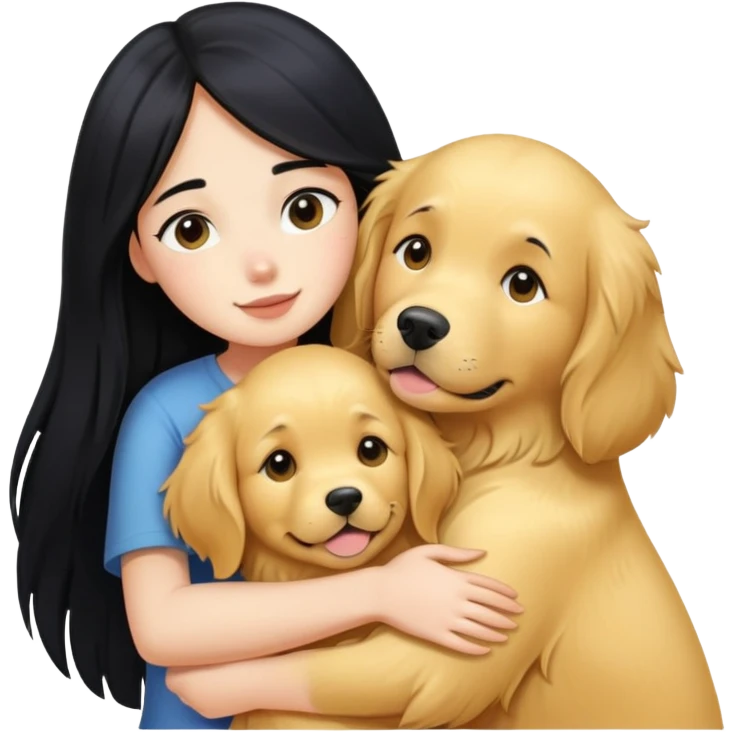 A girl with long black  hair tightly hugged a Golden Retriever emoji