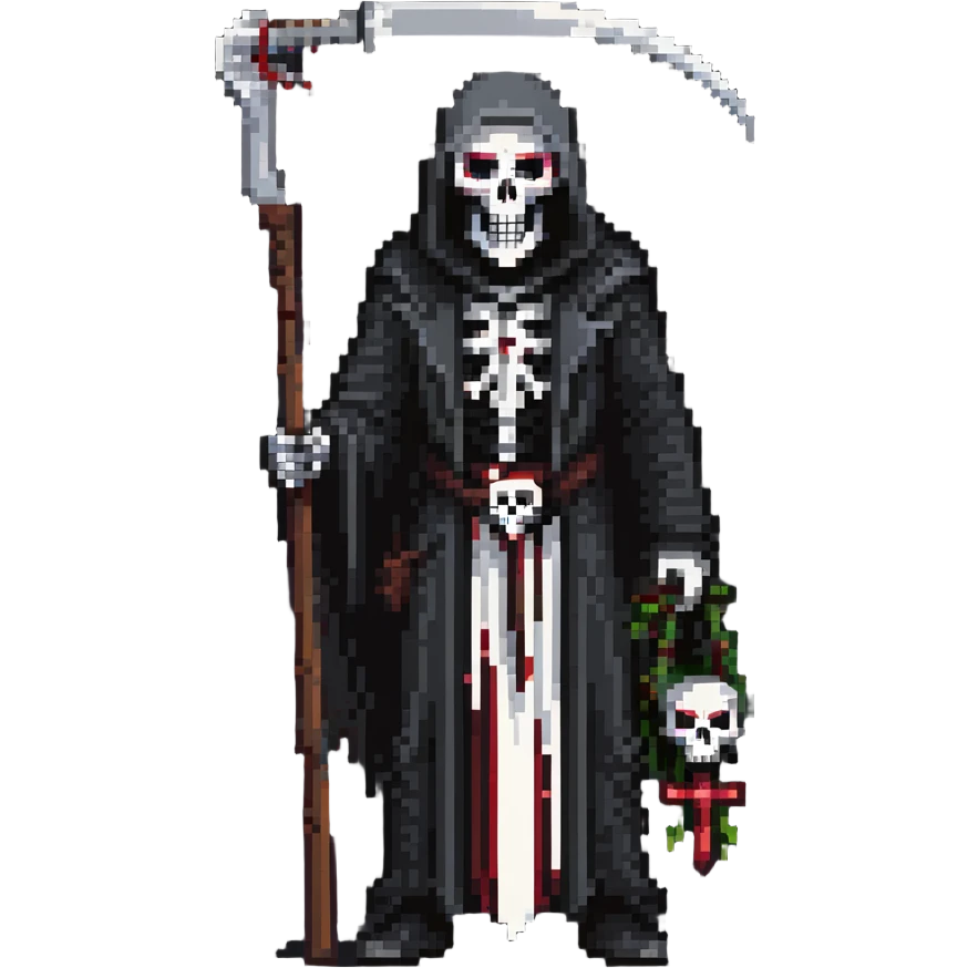 Grim reaper with scythe, skull face, death personified emoji