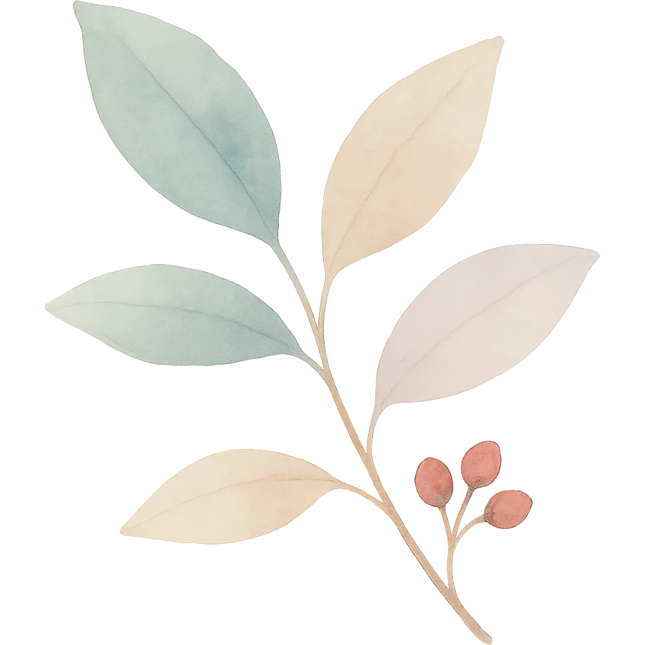 illustration of Kinkéliba leaves and seeds, watercolor style, calming atmosphere, no text emoji