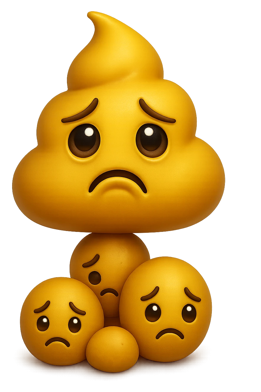 emoji stile iphone di una cacca giallina e liquida con espressione triste, sopra una montagnetta di feci a palline con espressione triste, iperrealistico 4k emoji