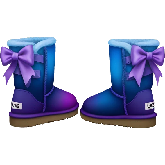 Realistic pair of dark blue to dark purple ombre fur Ugg boots with silk ribbon bows. emoji