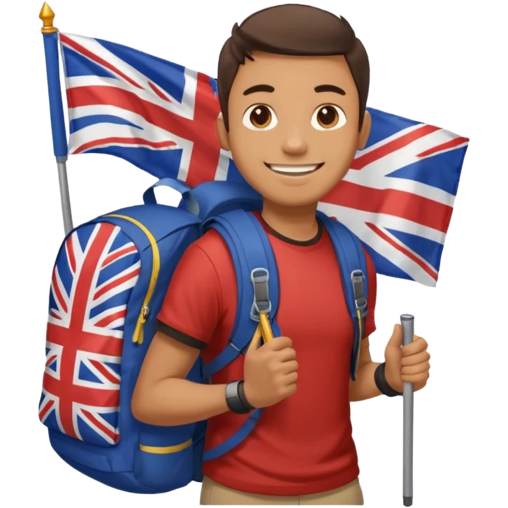 A guy with a hiking backpack and a Union Jack on his T-shirt holds the Union Jack. emoji