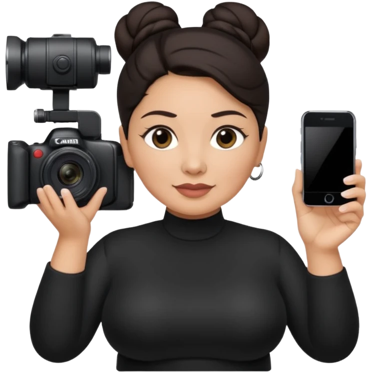 middle aged, latina plump woman photographer with dark hair, slicked back in a bun, wearing black clothes, carrying a canon r5, and an iPhone on a gimbal emoji