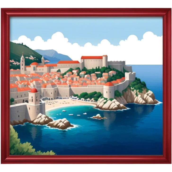 Cinematic Realistic aerial view of the historic city of Dubrovnik, showcasing its iconic red-roofed architecture, fortified walls, and sparkling Adriatic coastline, rendered with rich textures and warm Mediterranean lighting that captures its old-world charm. emoji