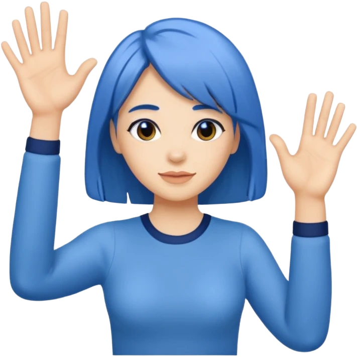 Woman with medium length blue hair doing jazz hands emoji