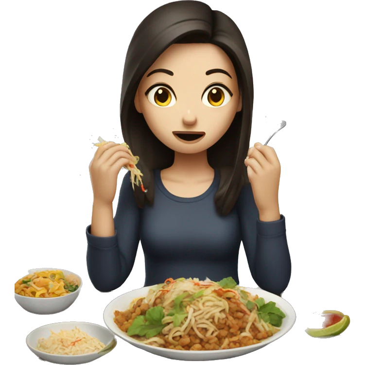 Brunette girl eating bad Thai food  emoji