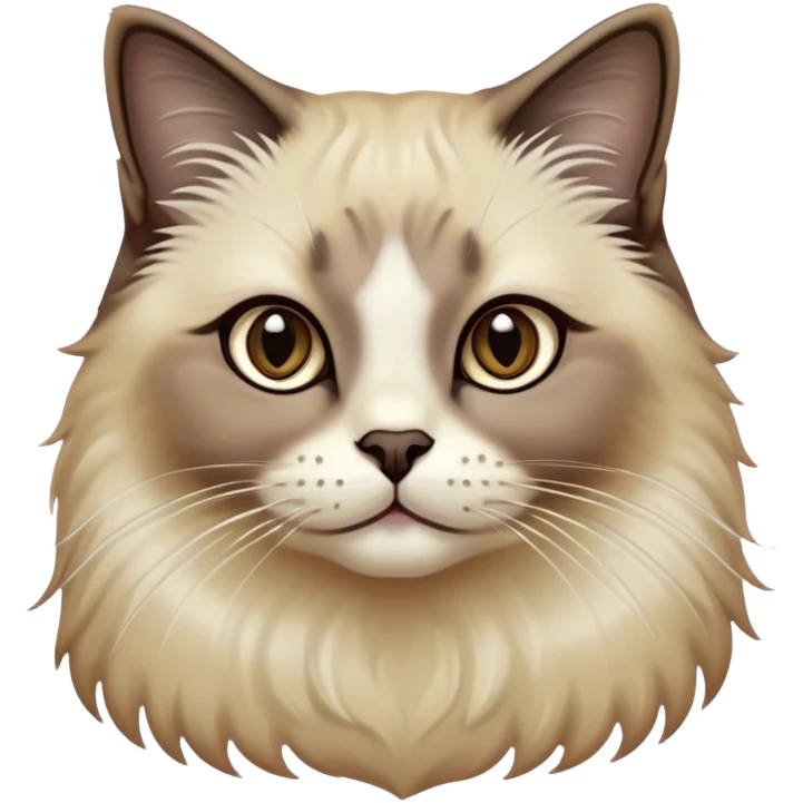 Cinematic Adorable Fluffy Brown Seal Ragdoll Cat Portrait Emoji, Head tilted elegantly with big, sparkling eyes, soft brown fur with darker seal points on the ears, face, and paws, Simplified yet regal features, highly detailed, glowing with a soft, warm glow, high shine, affectionate and playful, stylized with a touch of grace, bright and endearing, soft glowing outline, capturing the essence of a majestic and loving kitty, so elegant it feels like it could spring into motion with a regal leap! emoji