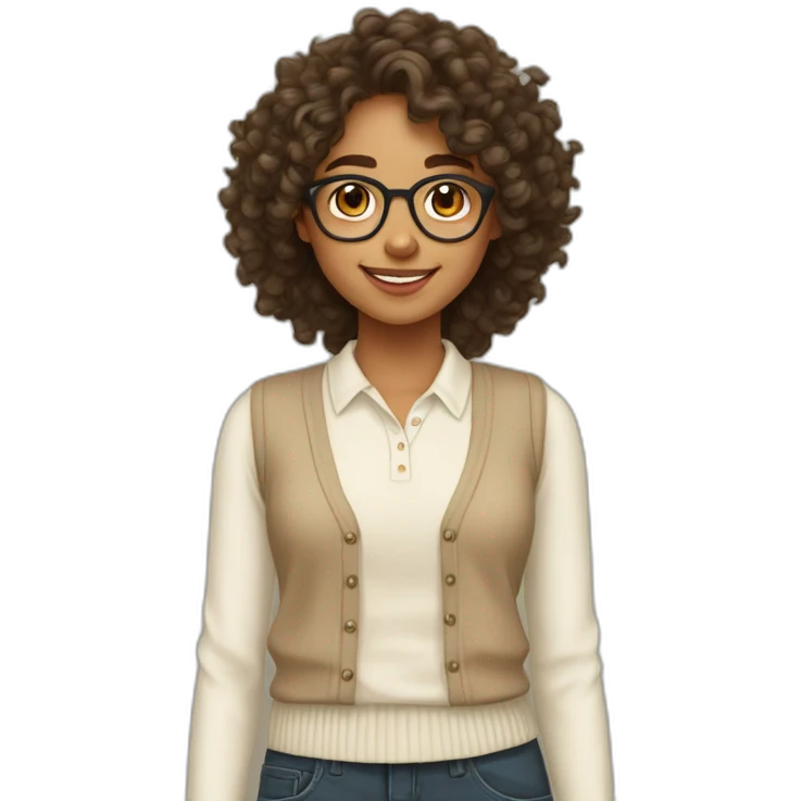 smiling indian teenage girl with curly hair and glasses wearing a collared long sleeve white shirt under a beige v shaped collar sweatervest emoji