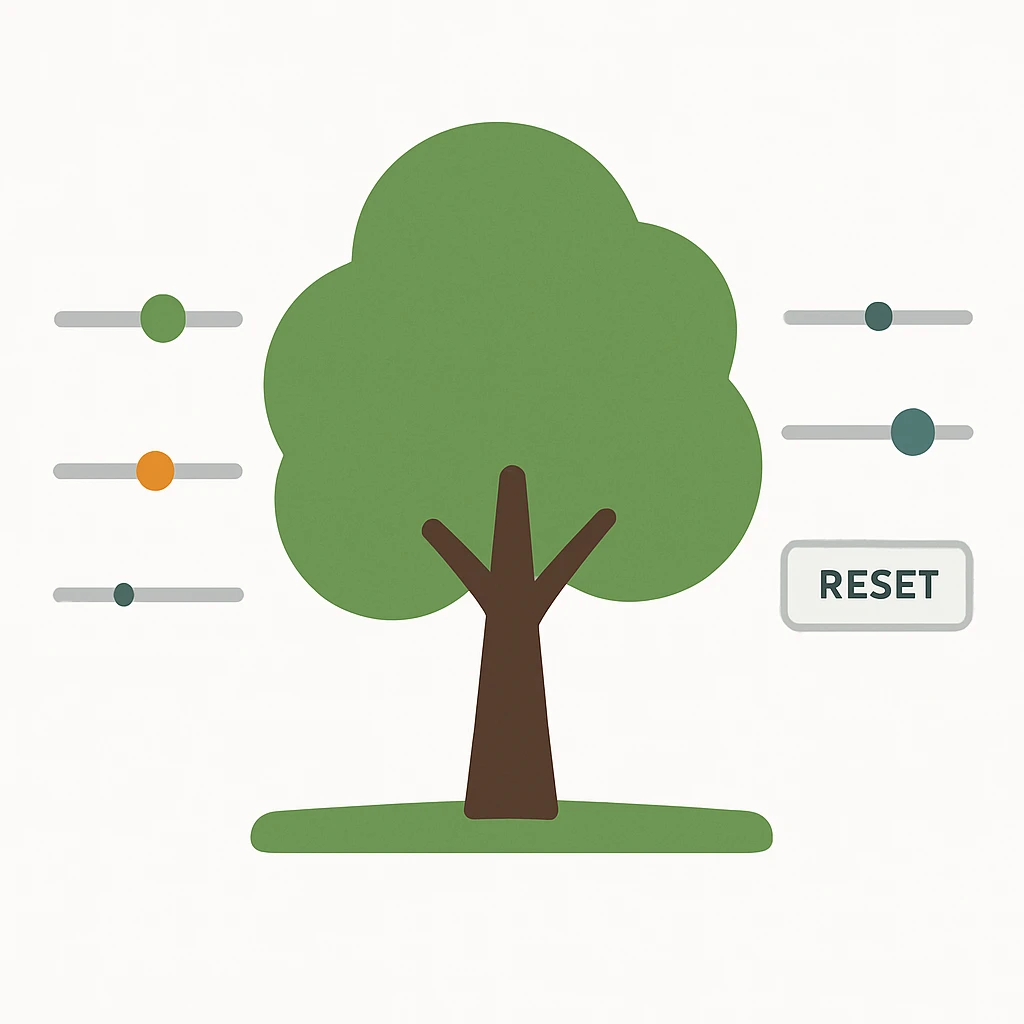 A tree with configurable settings and parameters depicted as interactive sliders and buttons, white background, flat, simple emoji