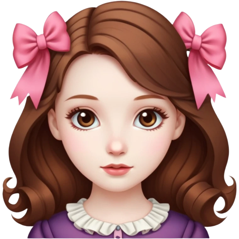 pale skin coquette girl with brown hair, bows, dainty, feminine emoji