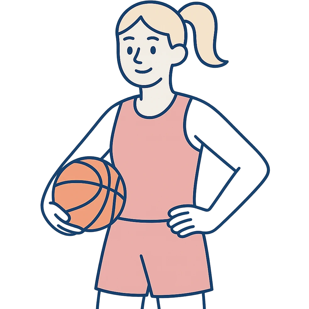 blonde white female basketball player wearing pastel pink basketball uniform holding orange basketball on hip smiling clean modern illustration style no text emoji