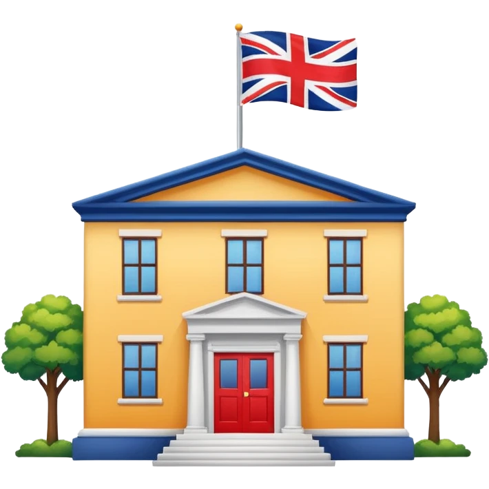 small academic building representing an English institute, British flag, English books, bright colors emoji
