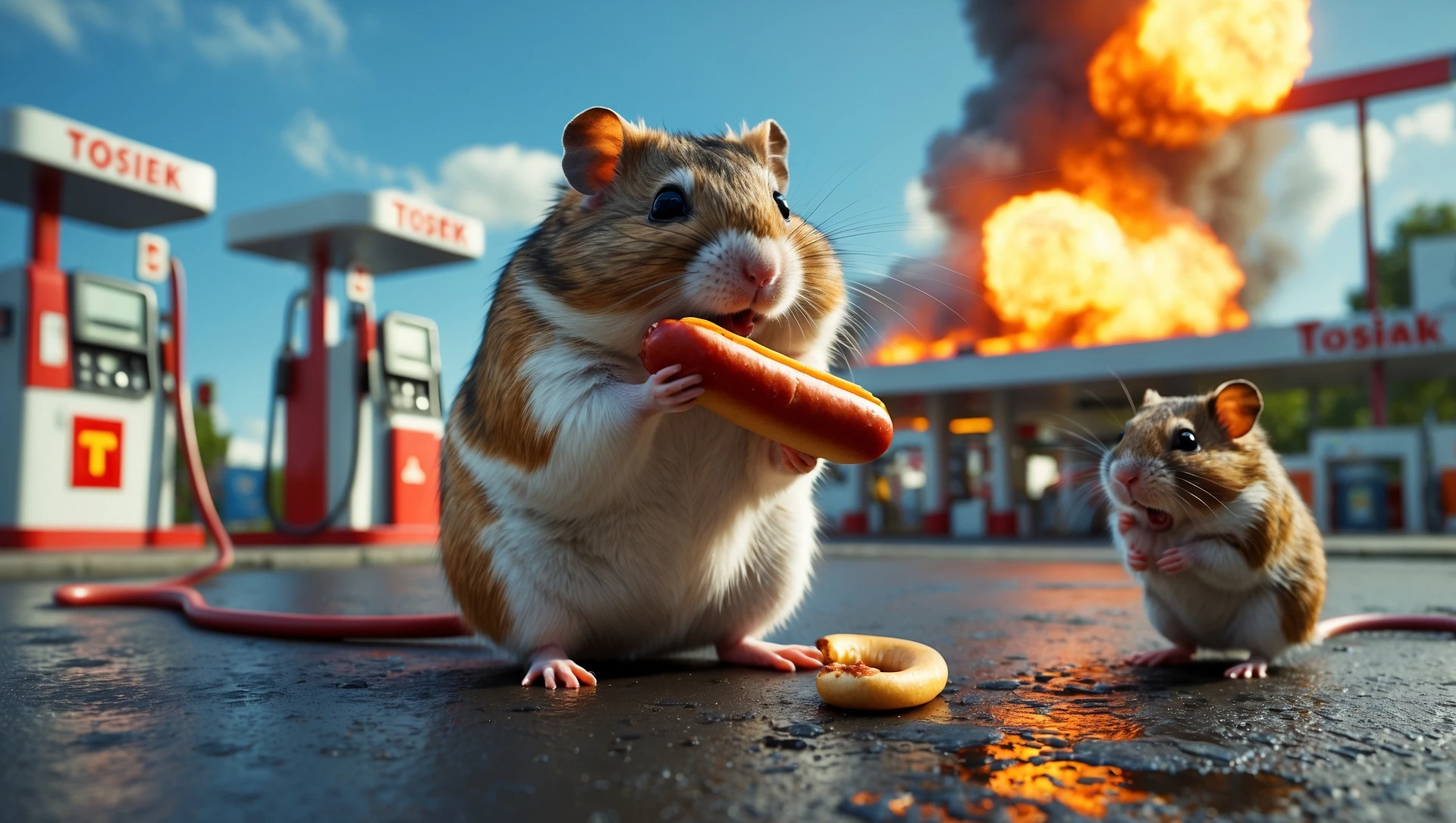Cinematic still of A portrait of a fat hamster eating hotdog on gas station, gas station is in fire, other hamster fun away, sunny day, back light explosion , gas station named "Tosiek" (Realistic) emoji