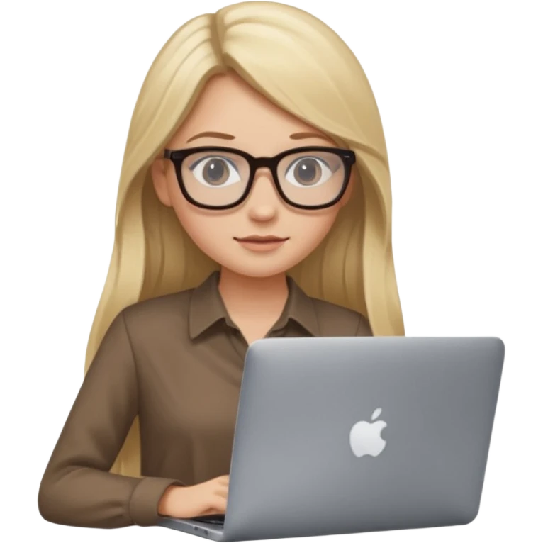 Girl in glasses, blonde long hair, brown blouse, sitting with gray MacBook emoji