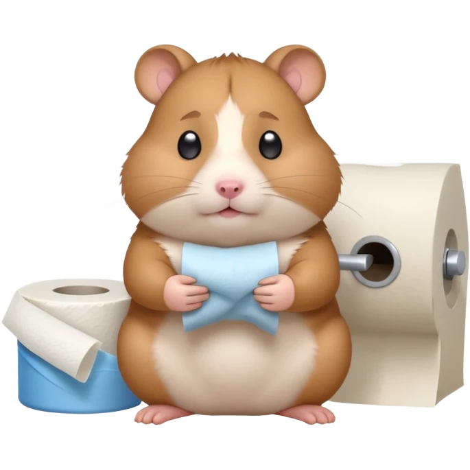 Cute chubby cartoon-style hamster sitting on toilet pooping holding toilet paper looking as if he had an accident, sticker-style illustration emoji