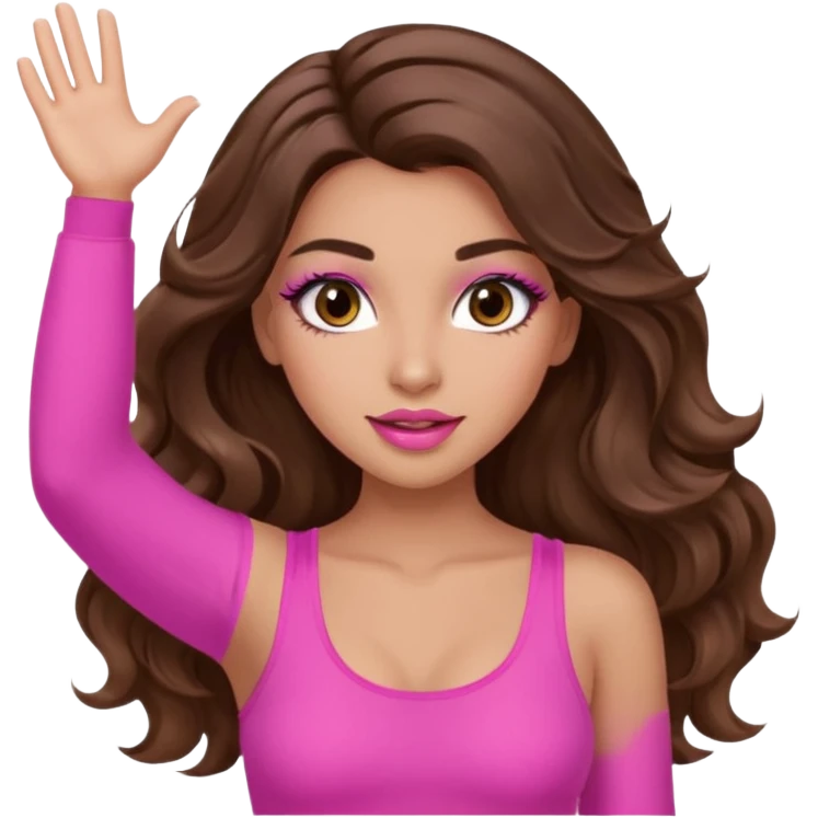 girl with long wavy brown hair, brown eyes, long lashes makeup, sexy pink lips, light to medium complexion, wearing a pink sexy top, both hands in teh air emoji