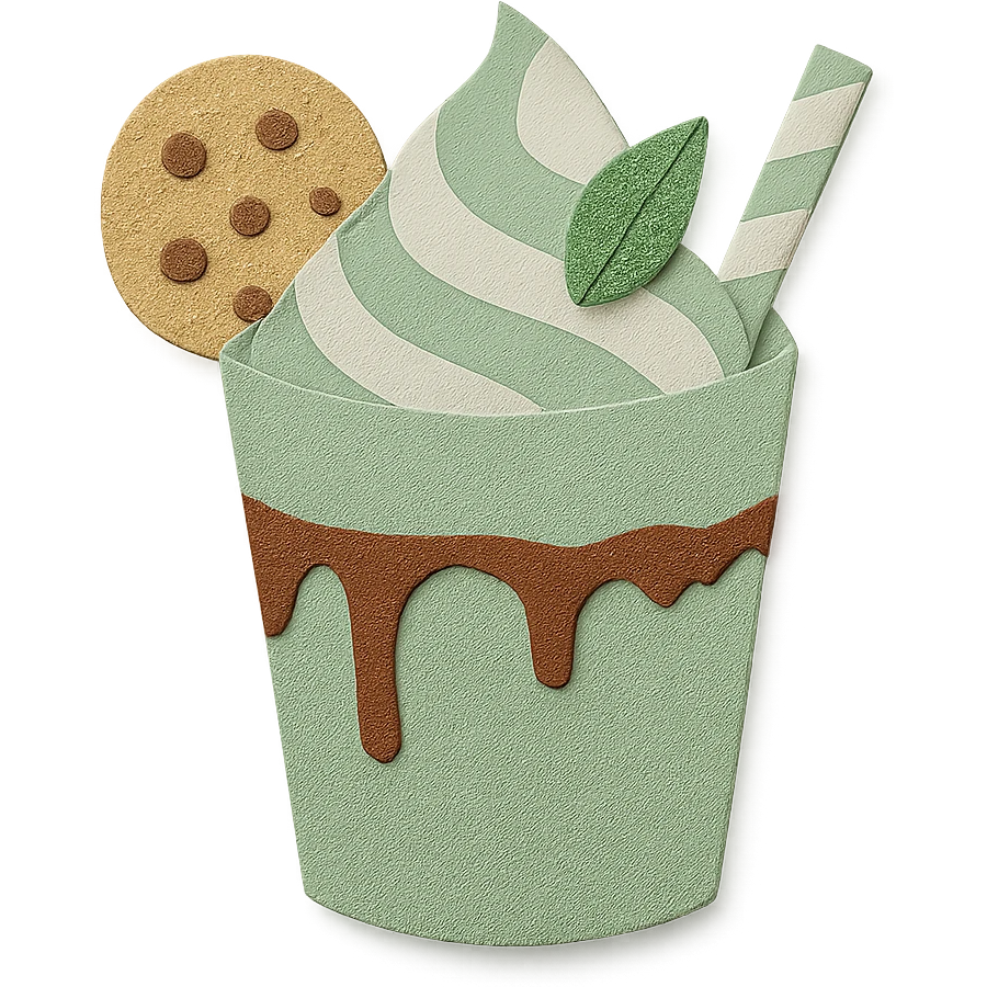 Change the milkshake to a fresh mint green and white palette, keeping the glass with chocolate drizzle, cookie on the rim, and mint leaf on top, with no background. emoji