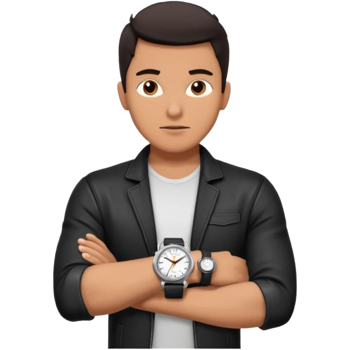 man wearing a black strap watch portrait, head and shoulders only, black leather strap wristwatch visible, casual outfit, confident expression, modern style, 3D cartoon, mobile game icon style, clean background, no text, no watermark
 emoji