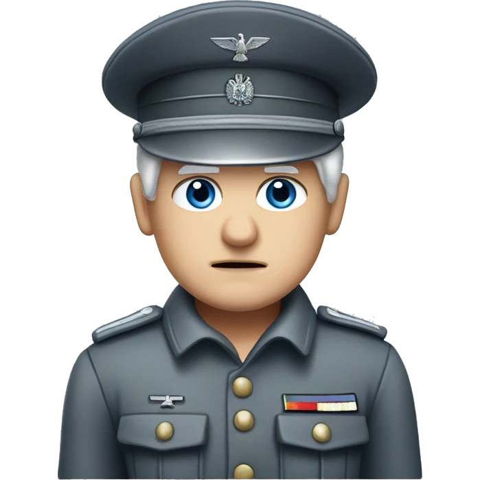 german soldier, angry, ww2, grey hair, blue eyes, captain hat, grey uniform, no moustache, pale skin emoji