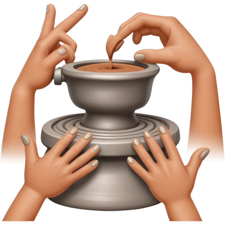 hands pressing clay sidewalls down onto a silver pottery wheel with fingers and thumbs to attach it emoji