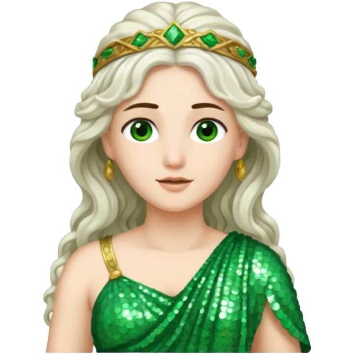 Juno, Goddess of Marriage from Roman Deities with long white brunette wavy hair, green sequin toga emoji