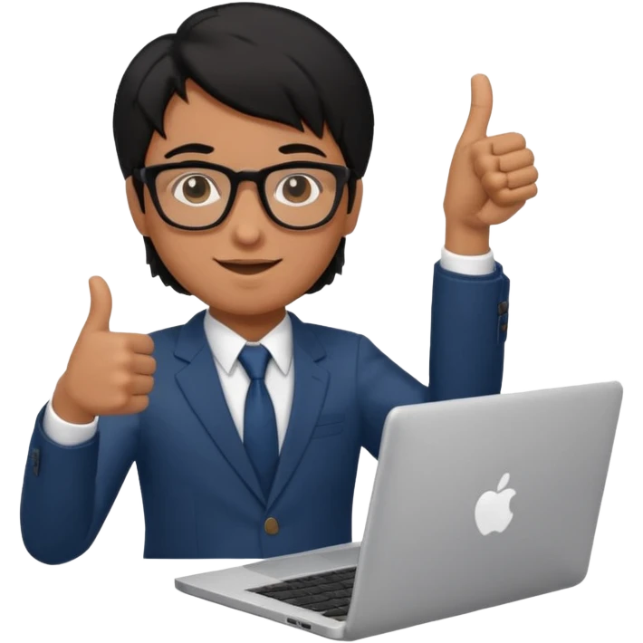 un estudiante con lentes y su laptop CON TERNO Y CABELLO NEGRO,   DANDO LIKE emoji